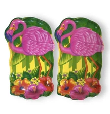 Flamingo Serving Trays Set Of 2 Plastic Melamine Tropical Tiki Flowers Palm Tree