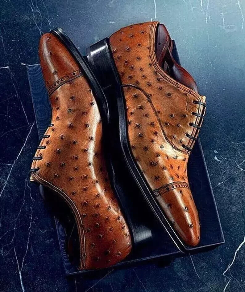 Handmade Men\'s Genuine Tan Ostrich Impression Leather Oxford Shoes Size 11M Handmade Men main image 2