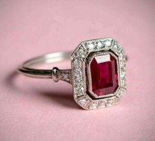 Halo Engagement Ring 2.25Ct Emerald Cut Red Garnet Solid 14k White Gold Size 6