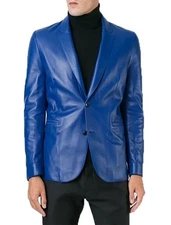 Luxury New Men's Blue Leather Blazer Real Soft Lambskin Coat Blazer Winter