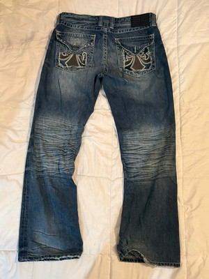 MENS Vintage Affliction rip-away pocket bootcut jeans, Black Premium Size 34