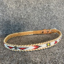 Vintage Size 32" Brown White Genuine Cowhide Leather Western Aztec Beaded Belt