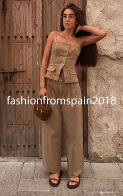 ZARA NEW WOMAN Z1975 MID-RISE WIDE LEG JEANS DARTS PANT LT CAMEL