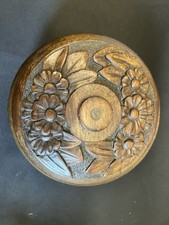 Vintage Hand Carved Wooden Trinket Box Round Floral Relief Lid Rustic Jewelry
