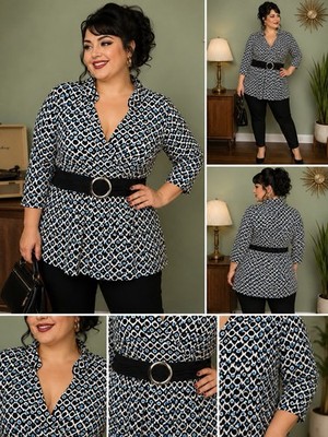 Apostrophe Woman Geometric Faux Wrap Tunic Top 20/22W Blue Black