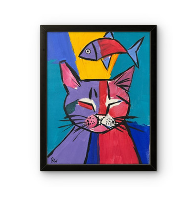 Original Acrylic Painting Kitty Dreaming of Fish 11x14 Signed Canvas Art Decor