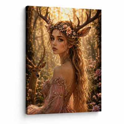 Deer Girl Canvas Wall Art Fantasy Antler Woman Enchanted Forest Boho Home Decor