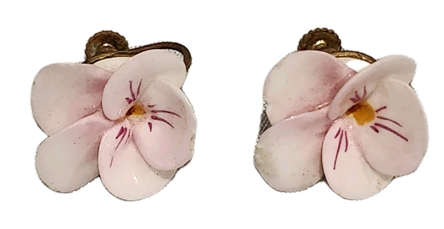 Vintage Denton England Bone China Pink Pansy Flower Screw Back Earrings