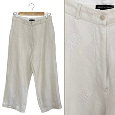 Vintage Y2K Deane White Linen Cropped Wide Leg Pants 8 Embroidered