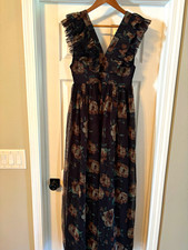 Lulus Black Floral Chiffon Ruffle V-Neck Maxi Dress Lined Zip Size M