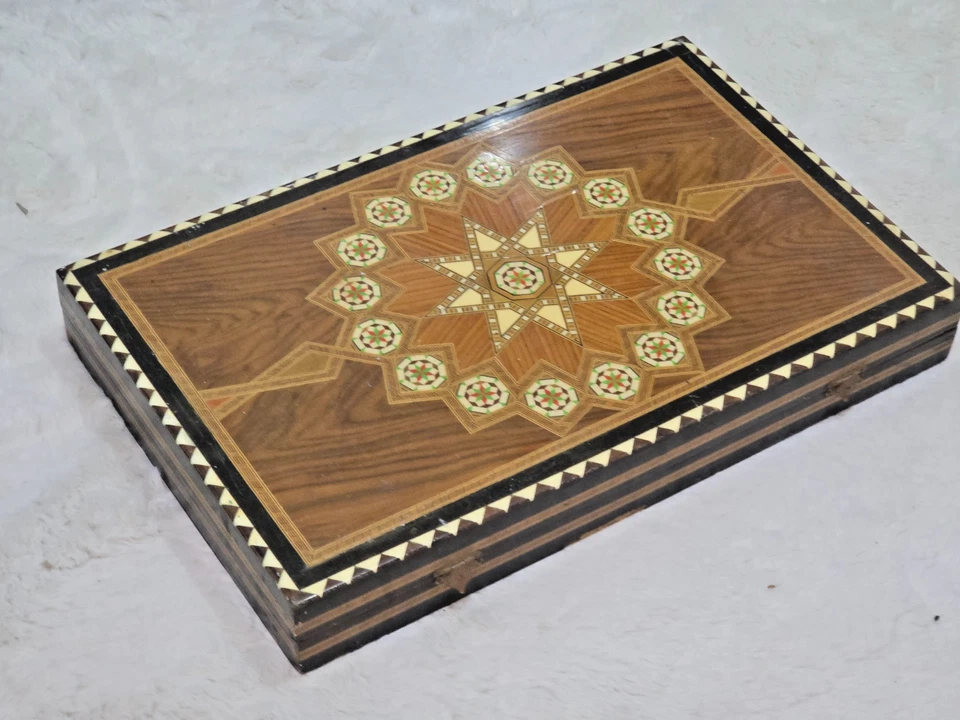 Vintage Middle Eastern Inlaid Wooden Backgammon Set – Mosaic Board Game 22 x 18" - Image 2 of 4