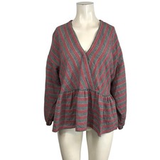 Madewell Striped V Neck Peplum Top Red Grey XL Cotton Blend Boho Casual