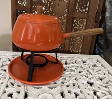 Vintage Orange Metal Fondue Pot with Wooden H...