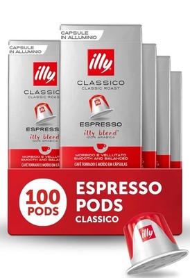 Illy Espresso Compatible Capsules 10 Count boxes (Pack of 100 pods) Medium Roast