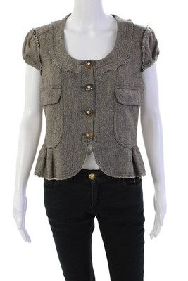 Tibi Womens Wool Buttoned Beaded Bird Motif Raw Hem Detail Top Gray Size 8