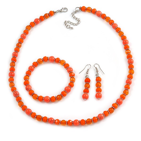 Orange Glass/ Ceramic Bead with Silver Tone Spacers Necklace/ Earrings/