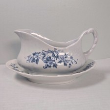 Antique Severn Gravy Boat with Underplate Blue Floral Ceramic Serving