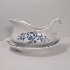 Antique Severn Gravy Boat with Underplate Blue Floral Ceramic Serving