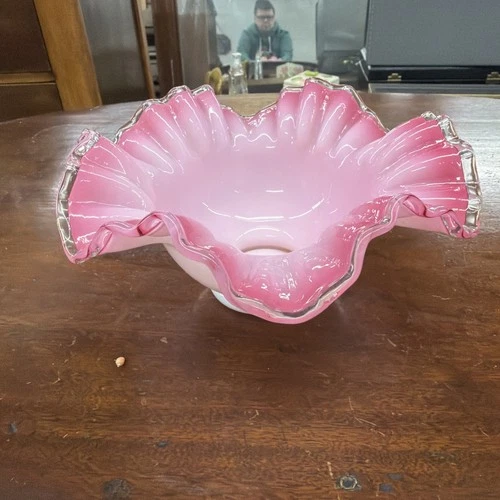 Vintage Fenton Pink & White Glass Ruffled Silvercrest Crimped Bowl Candy Dish