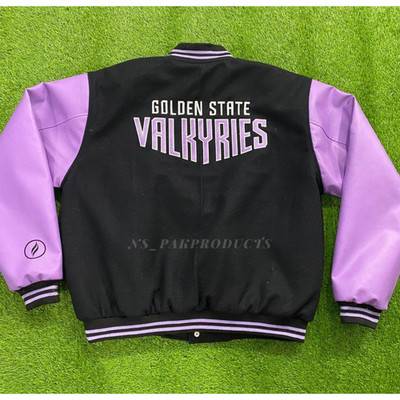 Golden State Valkyries Jacket-Black Wool & Leather Sleeves Bomber Varsity Jacket