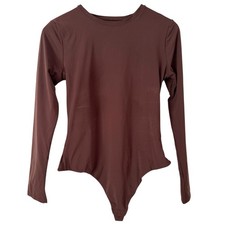 Quince Second Skin Long Sleeve Crew Neck Thong Bodysuit Brown Size Large NWT