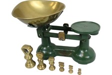 Vintage Viking Green Cast Iron Balance Scales with Brass Weights
