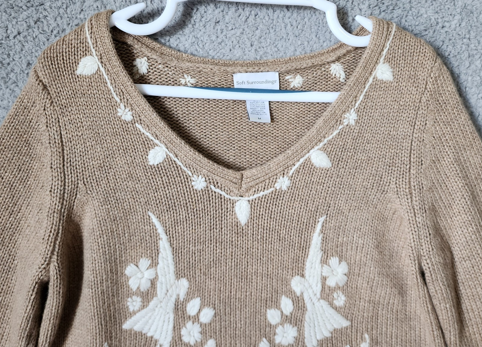 Soft Surroundings Women's M L/S Knit Sweater Embroidered Floral Boho Beige/White