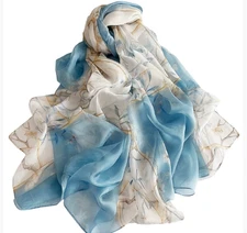 100% Silk large Scarf Women neckerchief Shawl Wrap floral beige blue HD118-54