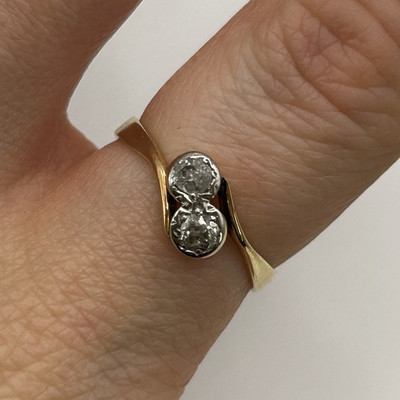 Antiker alter Minenschliff Diamant Toi Et Moi Ring 9ct 9k 375 Gelbgold - Größe N