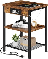Nightstand w/Charging Station&Open Shelf,Bedroom Small Beside Table End Table