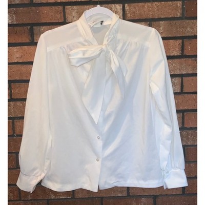 Nan Dorsey Vintage White Pussybow Blouse Tie Neck Long Sleeve Button Up Top
