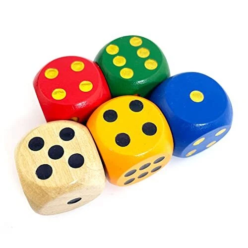  Set of 5 Random Color Large 1 1/5" Round Edge Wooden Dice (5 Colors with dots)  - Image 2 of 4