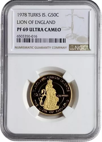 1978 Lion of England Turks & Caicos Gold 50 Crowns Proof Coin NGC PF 69 UC