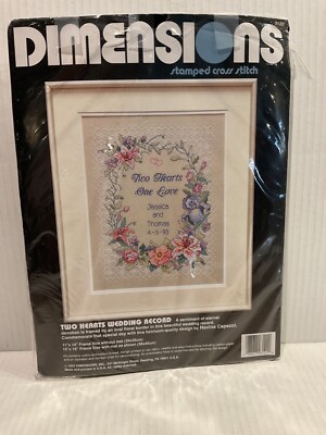 Dimensions Stamped Cross Stitch Kit 3122  TWO HEARTS WEDDING RECORD 11x14 