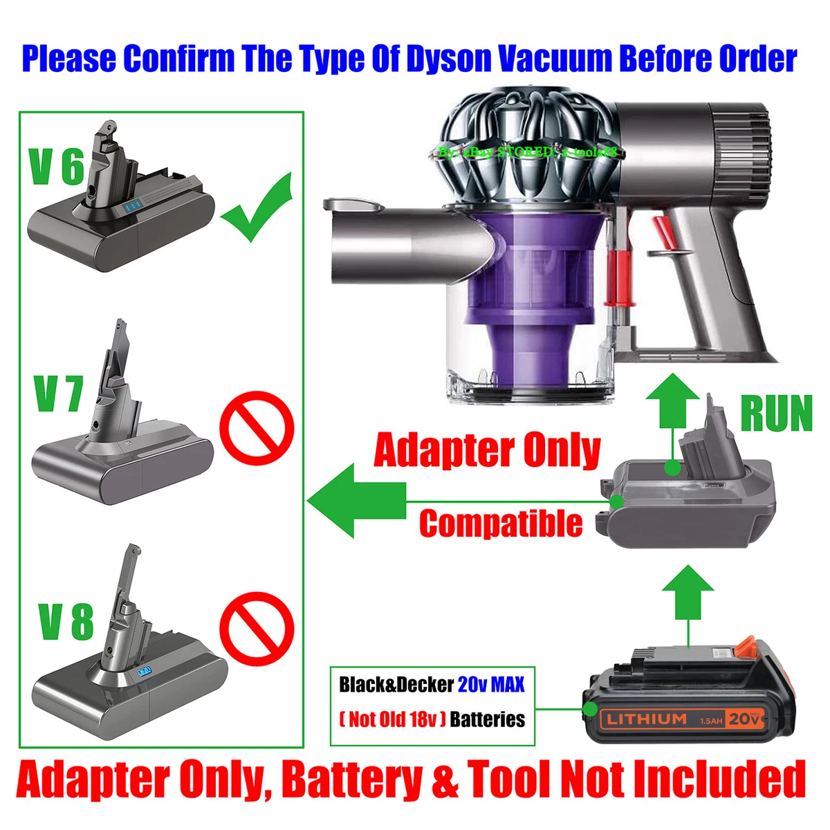 1x Adapter Convert Black and Decker 20v Not Old 18v Battery To Dyson V6 Vacuum