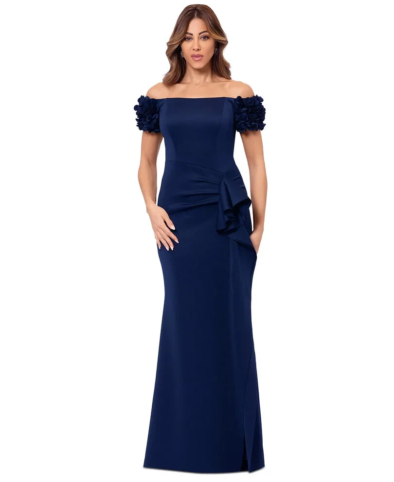 xscape dresses navy blue Lace Applique Long Formal Dresses Light Blue Cheap Wedding Guest Dress –  SheerGirl