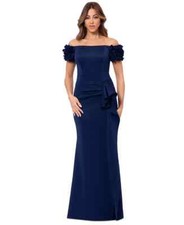 Xscape Navy Blue Floral Off-the-Shoulder Short Sleeve Gown Size 12 $289