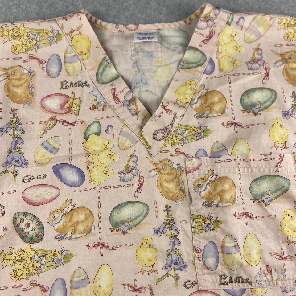 SCRUBS Top Womens Small Pink Easter Bunnies Chicks Medicalwear Made In USA Vtg - Image 3 of 4