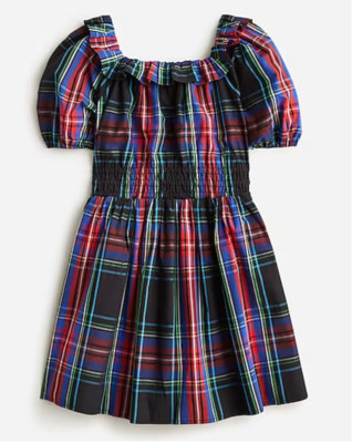 NWT J.Crew Crewcuts $90 puff-sleeve dress in black Stewart tartan, Sz 10, 12