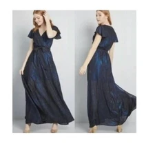 Modcloth Medium Your Time To Shine Blue Metallic Surplice Faux Wrap Maxi Dress