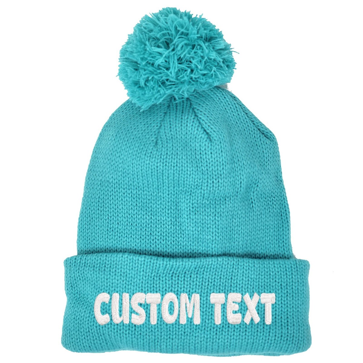 Custom embroidered pom pom beanie hat (teal), Personalized aqua blue beanie  hat