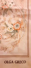 Olga Greco Scarf Tan With Brown Trim and Orange Floral Bouquet Hand Rolled
