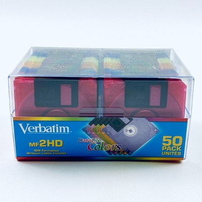 New Verbatim DataLife Colors 50 Pack Disks in Storage Case MF 2HD IBM Formatted 