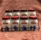 Vintage Set 8 McKee Milk Glass Spice Shakers Red Lids Original Rack Dutch Motif