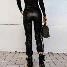 Black Matte Leather Cargo Pants Women Waist Sweatpants Stretch PU Trousers
