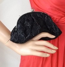 NEW LA REGALE PUSH LOCK EVENING CLUTCH BAG BLACK BEADS BEADED SATIN WALLET