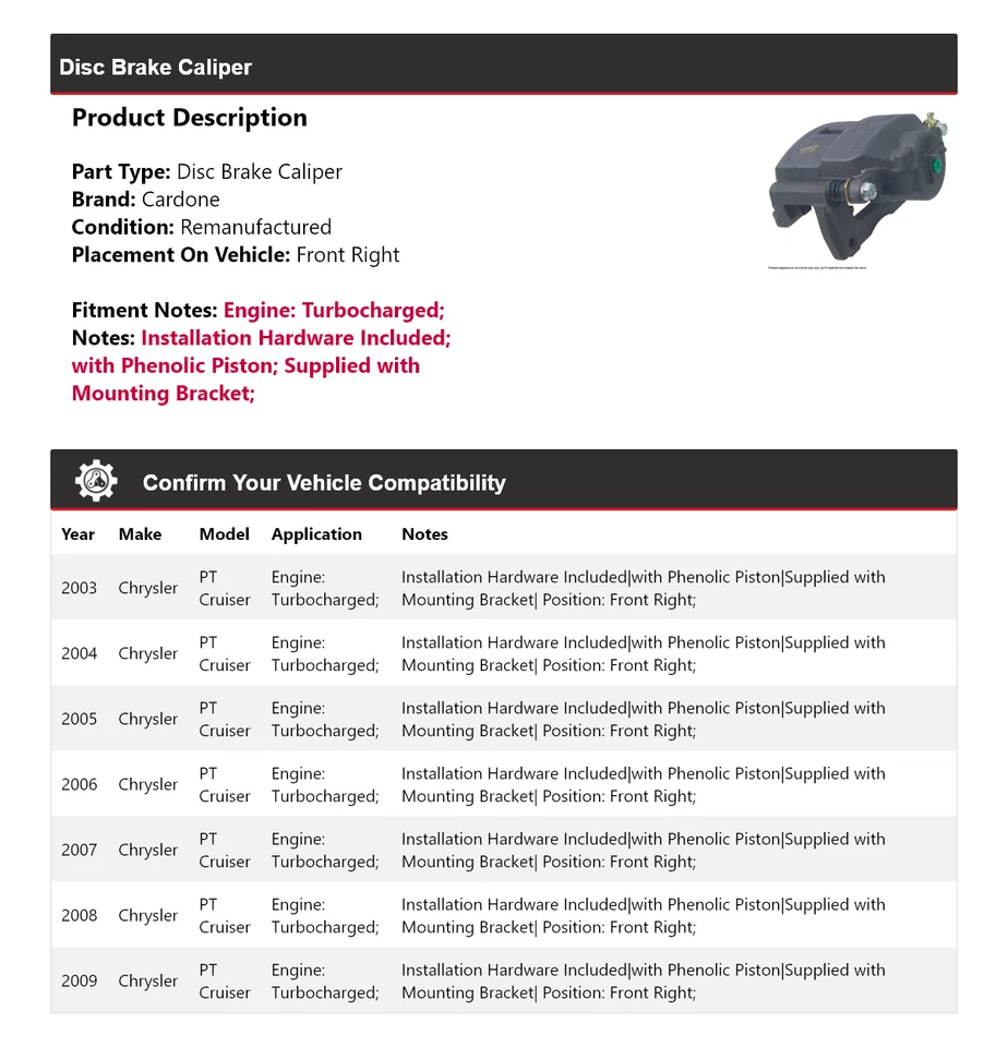 Pinza de freno turboalimentada para Chrysler PT Cruiser 2003-2009 Fr derecha Cardone Foto 2 de 4