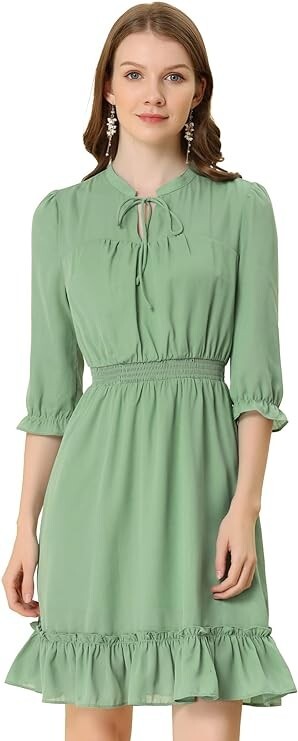 Light green vintage women’s chiffon dress with ruffles, 3/4 sleeves, size L