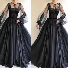 Gothic Wedding Dresses Black Puff Long Sleeves Tulle Bridal Gowns with Appliques