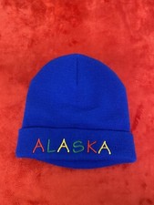 Blue Knit Alaska Rainbow Embroidered Spell Out Knit Beanie Cap Hat Unisex 115